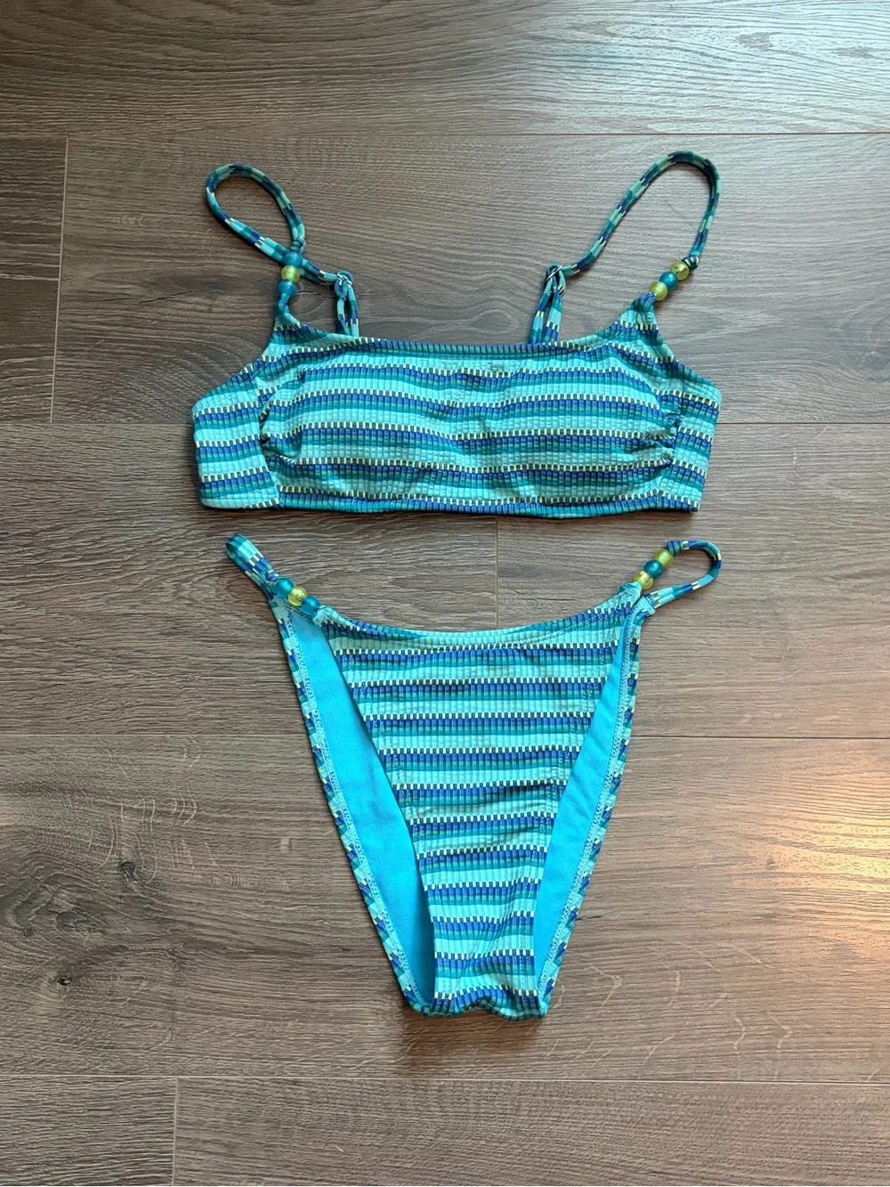 Wild Fable Blue Striped Bikini Set Beaded Straps Size Small